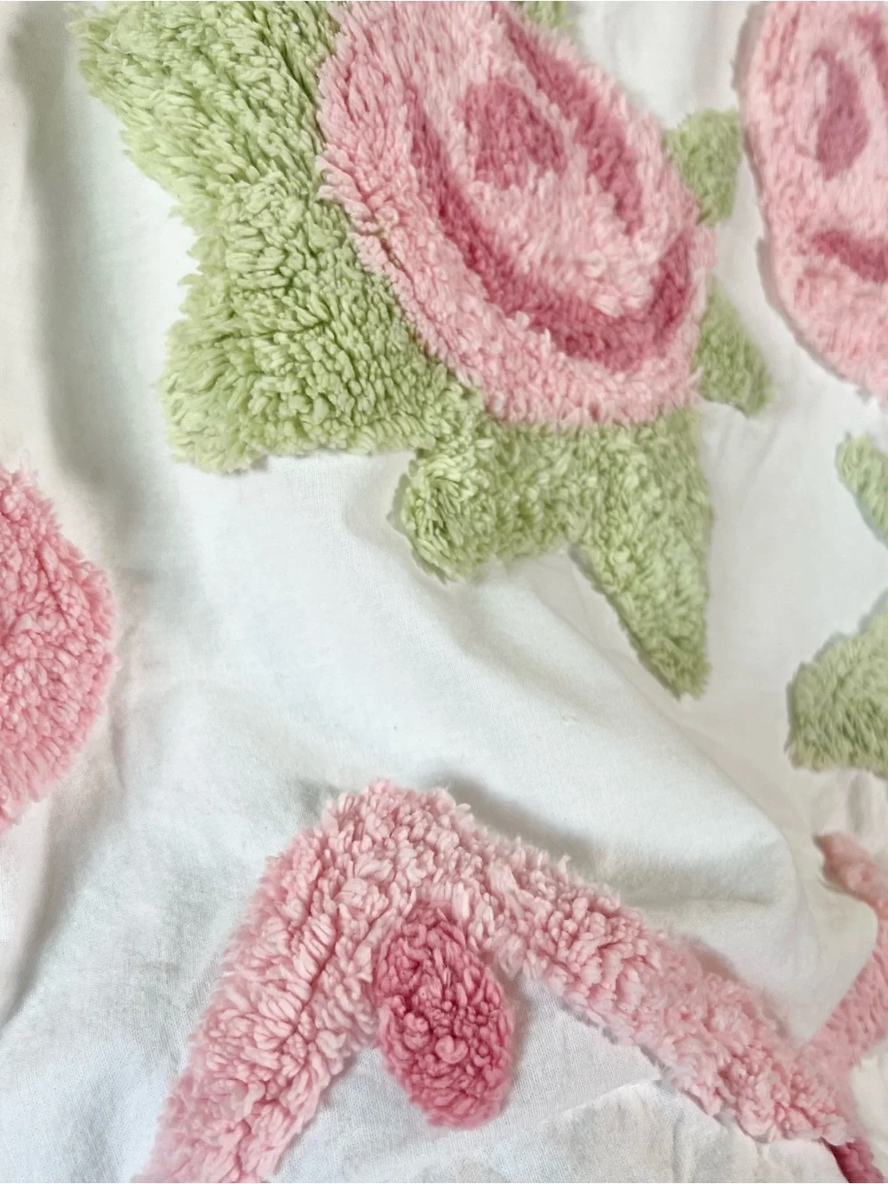 Vintage Shabby Chic Chenille Pink Rose Pillow Shams Set of 2 White Cotton